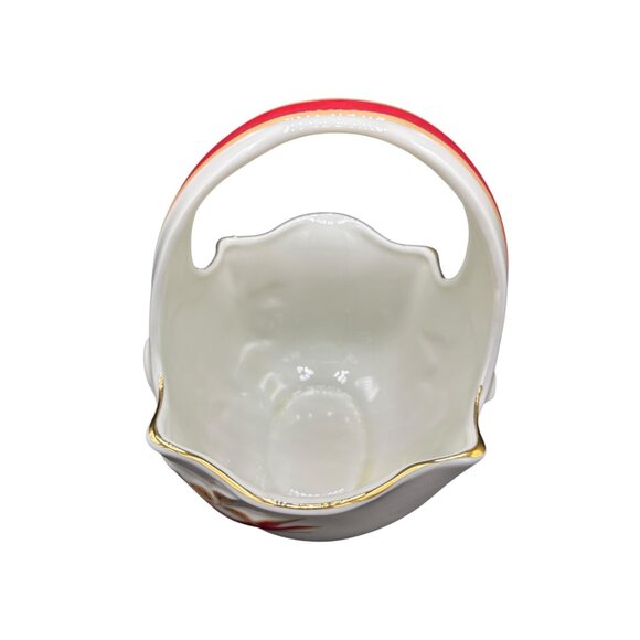 Christmas Porcelain Basket With Red Ribbon Design & Gold Trim Holiday Floral Pat - Picture 5 of 7